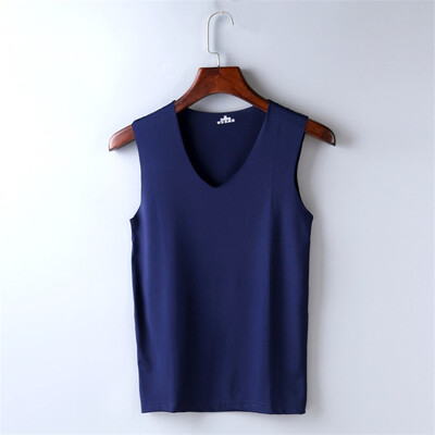

2018 summer ice silk sleeveless leisure fitness wide shoulder vest male V-neck silk pure color mens vest