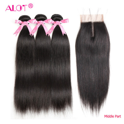 

Alot Hair Peruvian Straight Human Hair Bundles With Lace Closure MiddleFree Three Part Natural Black 3 Bundles Hair & Closure