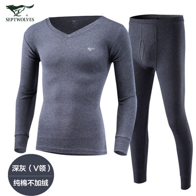 

Seven wolves thermal underwear mens cotton basic underwear mens autumn&winter thin autumn clothes long pants set dark gray V-neck XXXL 185110