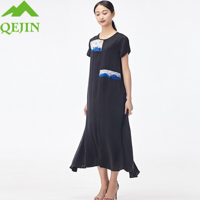

2018 summer women dresses O-neck short sleeve long beach dress elegant patchwork england style lady party dresses sommer kleid