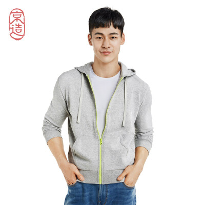 

JZAO Mens sweater US cotton sports fast open zipper hooded couple models flower gray fluorescent green zipper l