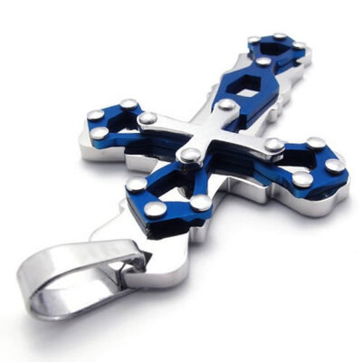 

Hpolw New Fashion Classical Style Men's Silver&Blue 316L Stainless Steel Cross Necklace Pendant