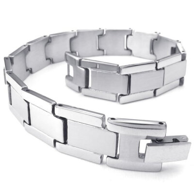 

Hpolw Mens silver Stainless Steel Bolt buttoned Bracelet, Classic design fashion Geometry/rectangular-pattern Bracelet