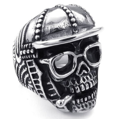 

Hpolw Vintage popular Stainless Steel Baseball Cap Skull Glasses Men Smoking skeleton Ring Fashion Jewelry