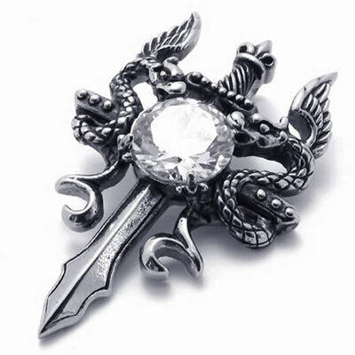 

Hpolw Mens Jewelry Black Stainless Steel Double Dragon Cross Sword White Crystal Pendant Necklace18-26 inch Chain,Christmas Gift