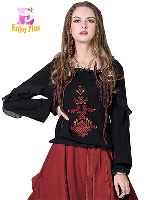 

L High Quality chest 89-93cm vintage cotton linen autumn 2017 black women blouse long sleeve embroidery with ruffles tops lady