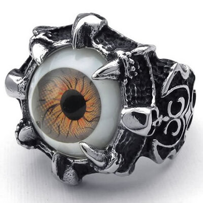 

Hpolw Stainless Steel Gothic Skull Dragon Claw Evil orangeBrown Eye Biker Mens skeleton Ring