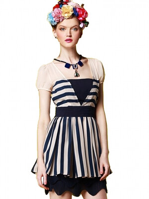 

OL Pattern Chiffon Stripe Splendid Dress Green Blue