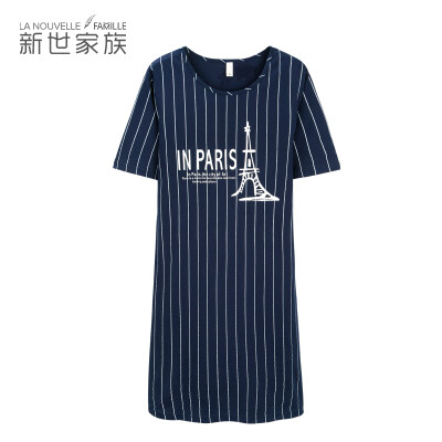 

New World family pajamas women 2018 summer new cotton short-sleeved home service long can wear outside nightdress 73820033 Bao blue