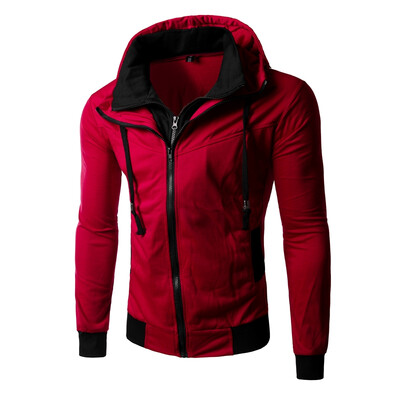 

2015 Mens Fashion Casual Slim Fit Hooded Sweatshirt Double Zipper Cardigan Hit Color Thin Coat
