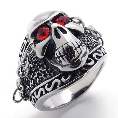 

Hpolw men black&silver Stainless Steel Skull Mens rubies skeleton Ring