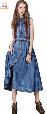 

S M L сундук84-92см старинные хлопок летом 2018 джинсы длинное платье женщин без рукавов джинсовая вышивка середине теленка пояс л