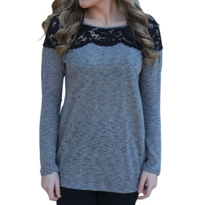 

CT&HF Fashion Women Long Sleeves Cotton and Lace Splicing T-Shirt