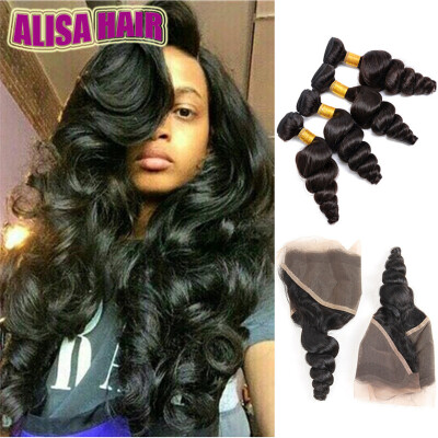 

8A Peruvian Loose Wave 3 Bundles with Lace Closure Frontal Brazilian Afro 4 Bundles With Closure Frontal With Bundles Human Hair E