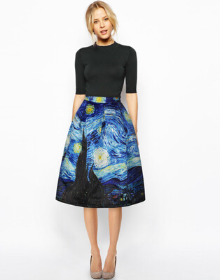 

New 2016 Vintage Starry Sky Oil Painting 3D Digital Print High Waist Skirt Rockabilly Tutu Retro Puff Skirt