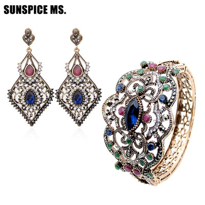 

Ethnic Palais Jewelry Sets Turkish Wedding Hollow Flower Vintage Bracelet Bangle Cuff Sets Long Hook Blue Resin Dangle Earrings