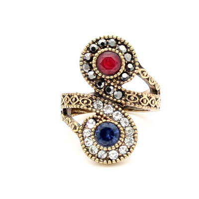 

New Antique Turkish Ring Retro Gold Color Crystal Hollow Resin Double Floral Winding Finger Rings Women Beauty Babylon Jewelry