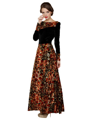 

Leopard Patchwork Long Sleeve Woman Pleated Long Dress