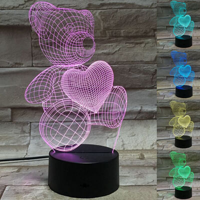 

3D Optical Illusion USB Night Light Table Lamps - Bedrooms Deco Teddy Bear Love Design for Kids - Unique Color Changing 3Ds Flash