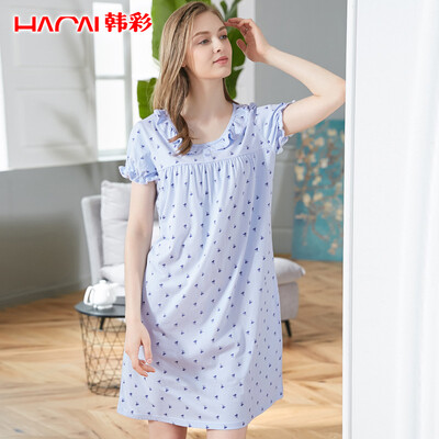 

Han Cai HACAI pajamas women summer autumn cotton solid color printing short-sleeved skirt skirts nightdress large size loose home clothes light orange powder 16590