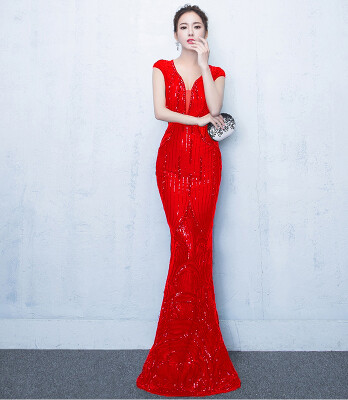 

V-neck See-through Back Sequins Party Formal Dress Half Sleeve Beads Sexy Long Evening Dresses