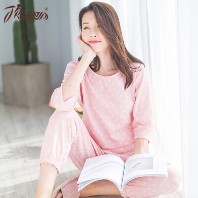 

Top melon melon pajamas home service female cotton wave point lapel casual sweet set 21020 pink 170