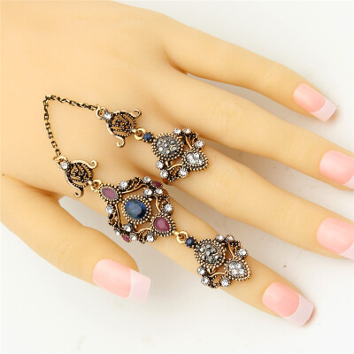 

Хорошая сделка Vintage Turkish Double Finger Rings Women Antique Flower Rhinestone Ring Anillos Этническое танцевальное оформление