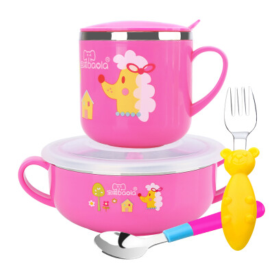 

Bao La childrens tableware baby food supplement bowl spoon set baby stainless steel insulation bowl lunch box shatter-resistant anti-hot fork spoon bowl newborn supplies set pink 3030