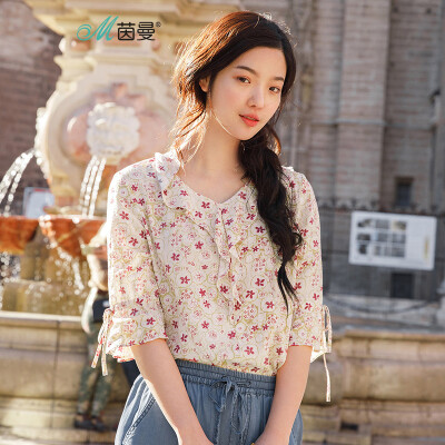 

INMAN 2018 summer new ruffled V-neck cropped sleeves fresh small floral loose hooded shirt female 1882011503 dark red