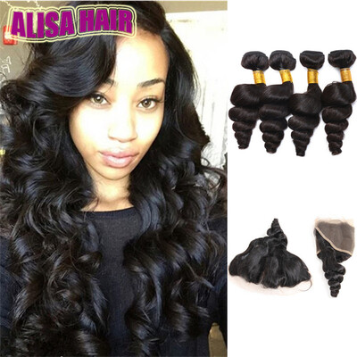 

Peruvian Loose Wave Human Virgin Hair Bundles with Lace Frontal Closure 4pcs Remy Hair Extensions with 1pcs Weaves 134 inch Swiss