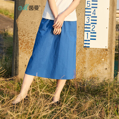 

INMAN 2018 summer new Japanese temperament Van big pocket small A-type elastic waist skirt female 1882110205 Electric light blue