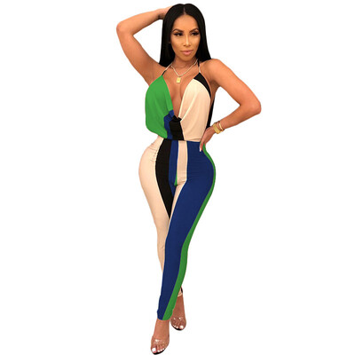 

2018 High Street Low-cut Stripe Jumpsuit Romper Women Sexy Backless Mid-waist Playsuit Body Female Fashion Summer Beach Overalls