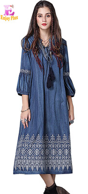 

L chest 92-99cm casual cotton autumn 2017 long jeans dress women 34 sleeve blue denim embroidered loose