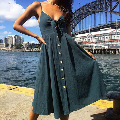 

Try Everything Yellow Summer Dress Women 2018 Bow Tie Midi Dresses Women Strap Buttons Tunic Dress Women Casual Cotton Sundress