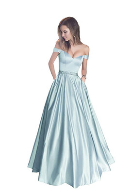 

Off The Shoulder Beaded Satin Evening Prom Dress with Pocket