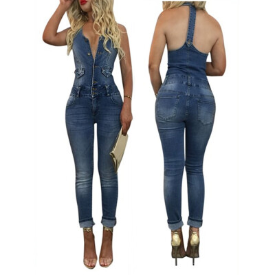 

Fashion Denim Long Jumpsuit Women Rompers Sleeveless Button Bodysuit Jeans Overalls -XL