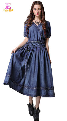 

L elegant cotton new summer 2018 vintage jeans long dress women short sleeve denim blue a line mid calf v neck belt female