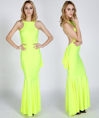 

Women Sexy Fluorescent Yellow Long Halter Dovetail Dress