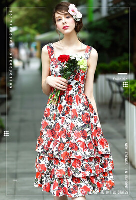 

Europe&America Fashion Printing Slim Waist A Skirt Cake Skirt Sling Vest Dress