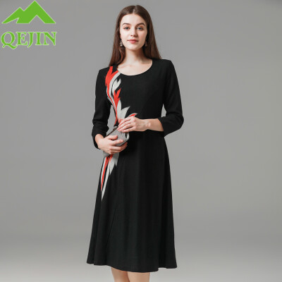 

Womens winter Dresses wool female dresses Embroidery Black dress O-neck A-line warm Casual High Street Fashionable dress loose