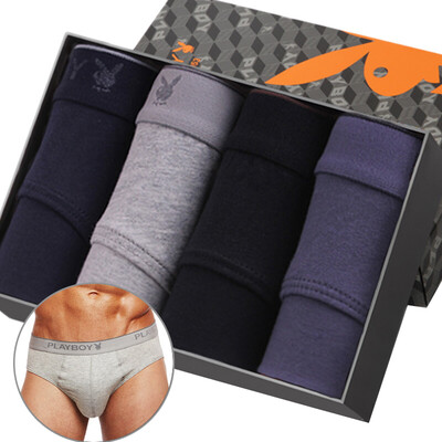

Playboy Mens Underwear Cotton Solid Color Waist Panties Mens Triangle Shorts 4 Gift Boxes Multicolor