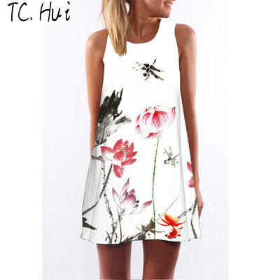 

New 2018 Summer Style Women Sleeveless Vintage Dresses 3D Floral Print Casual Loose Sexy Chiffon Dashiki Boho Dress