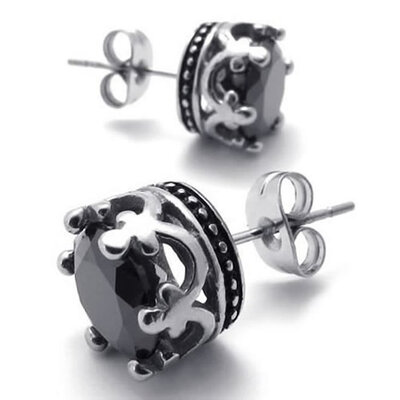 

Hpolw Vintage Stainless Steel CZ Mens Royal Crown Stud Earrings Set 2pcs Black Silver