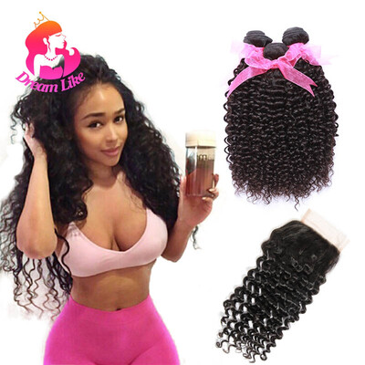 

Мечта как малазийский Curly Virgin Hair 3 Связки с закрытием 100% человеческих волос