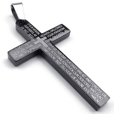 

Hpolw Stainless Steel Mens Lords Prayer Cross Pendant Necklace Black 18-26 inch Chain