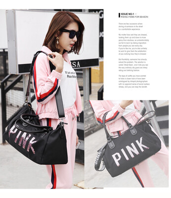 

HUWAISHUANGYI Designer Metal Sequins PINK letters Gym bag for women large sport fitness bag Women Tote Handbag Travel