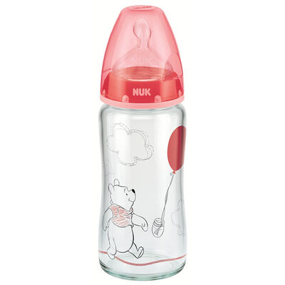 

NUK wide-bore glass bottle baby baby bottle 240ml with anti-flatulence silicone nipple 0-6 months round hole Disney red German import