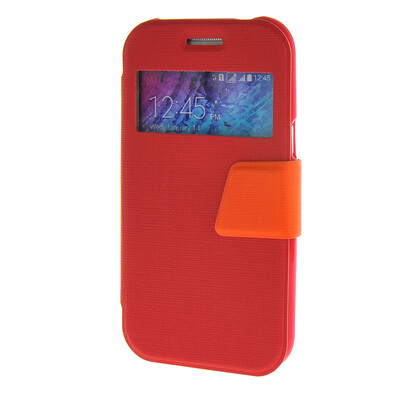 

MOONCASE Galaxy J1 , Slim Window Design Leather Side Flip Bracket ЧЕХОЛ ДЛЯ Samsung Galaxy J1 Red Orange