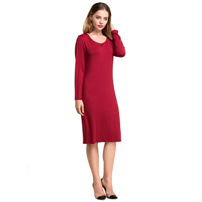 

POPBASIC Women's Long Sleeve Cotton Spandex Classic Fit Slim Scoop Neck Midi Dress