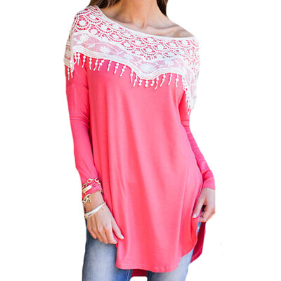 

CT&HF Women Sexy Lace Stitching Long-Sleeved Blouse Women Temperament Sweet Cotton Long Sleeve Dew Shoulder Blouse